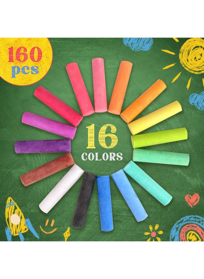 160Pcs Sidewalk Chalks Set In 16 Colors: Jumbo Washable Drawing Chalk For Kids Outdoor Art, Non-Toxic Dustless Colored Giant Box Chalkboard Chalk For Toddler Painting On Blackboard, Playground, Party