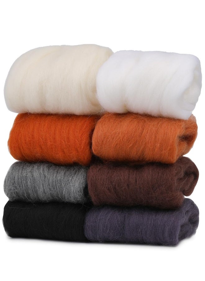 8 Colors Fiber Wool Yarn, Fiber Wool Yarn Roving, Felting Wool Bulk, for Needle Felting, for DIY Craft Materials and Felting Wool Craftsmen, White, Black, Brown