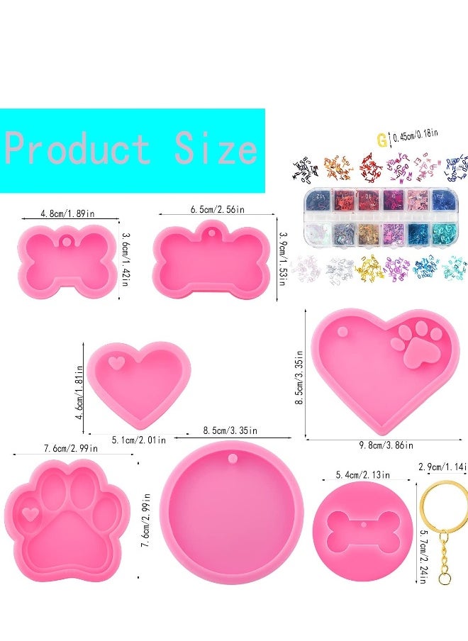 Silicone Resin Molds Set Heart Cat Paw Mold Dog Tag Charm Resin Molds with 10Pcs Blank Keychains Small Letters DIY Crafts Making Keychain Molds Silicone Kit (7 pcs)