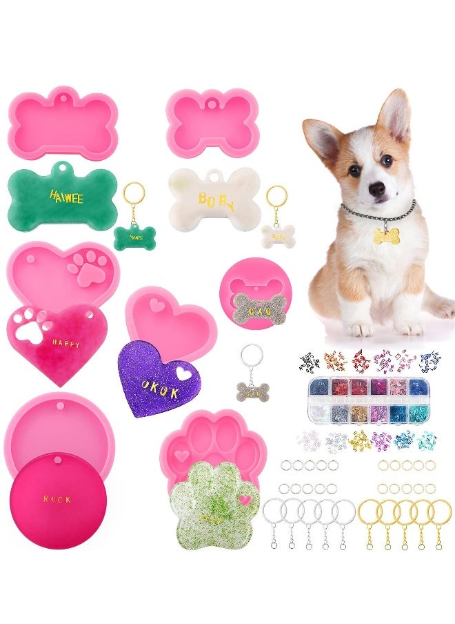 Silicone Resin Molds Set Heart Cat Paw Mold Dog Tag Charm Resin Molds with 10Pcs Blank Keychains Small Letters DIY Crafts Making Keychain Molds Silicone Kit (7 pcs)