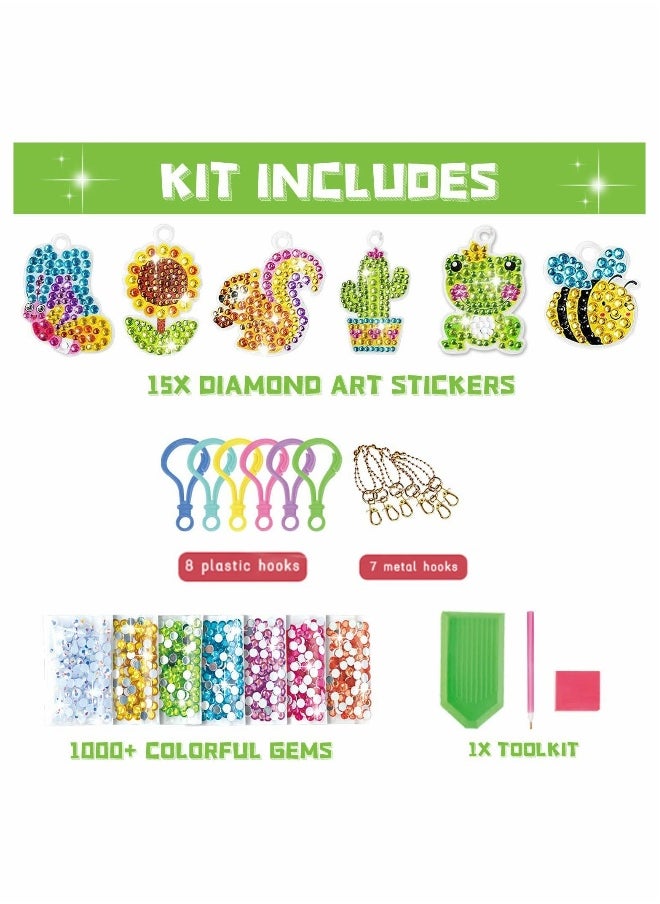 15Pcs Diamond Painting Kit,  Arts and Crafts for Children, Make Your Own Gem Keychains, Acrylic Paint by Number DIY Keychains for Girls and Boys, for Kids Ages 3 to 12