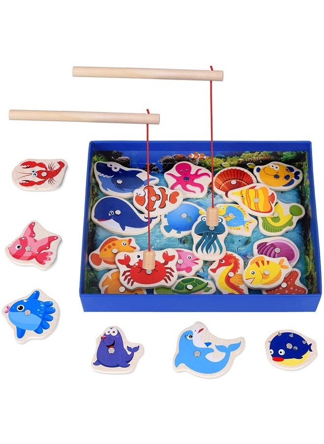 Wooden Fishing Magnetic Toy Set Fishing Game 30 Piece Fishes 2 Sticks 1 Tray Wooden Magnetic Fishing Travel Table Toy Christmas Birthday Gift (Fish Game)