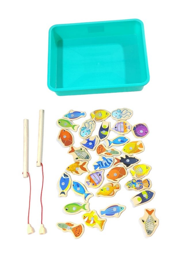 Wooden Fishing Magnetic Toy Set Fishing Game 30 Piece Fishes 2 Sticks 1 Tray Wooden Magnetic Fishing Travel Table Toy Christmas Birthday Gift (Fish Game)