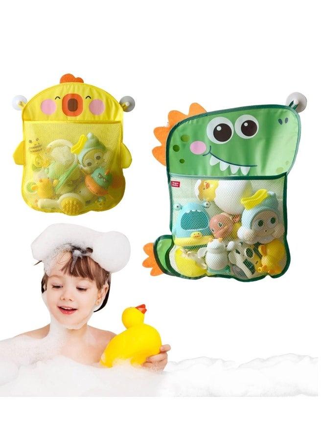 2 Pack Mesh Bath Toy Organizer, Duck & Dinosaur Extra Bath Toy Storage Net & 4 Strong Hooks, Shower Caddy Solution for Kids & Toddlers