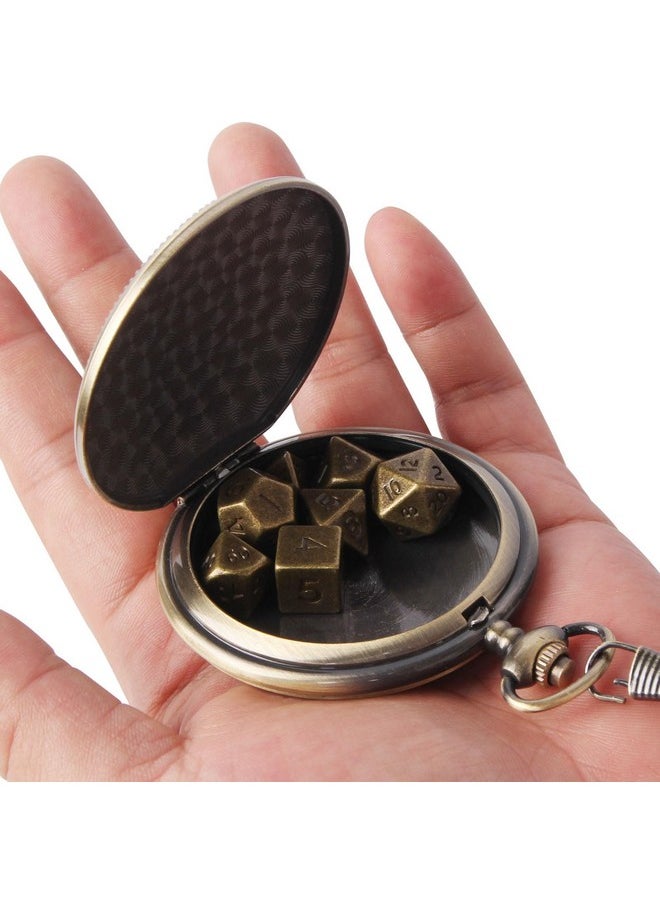 10Mm Tiny Dnd Dice Set With Vintage Pocket Watch Shell Case, Polyhedral Metal D&D Dice Set For Dungeons And Dragons, Rpg Mtg Game,Role Playing Board Games