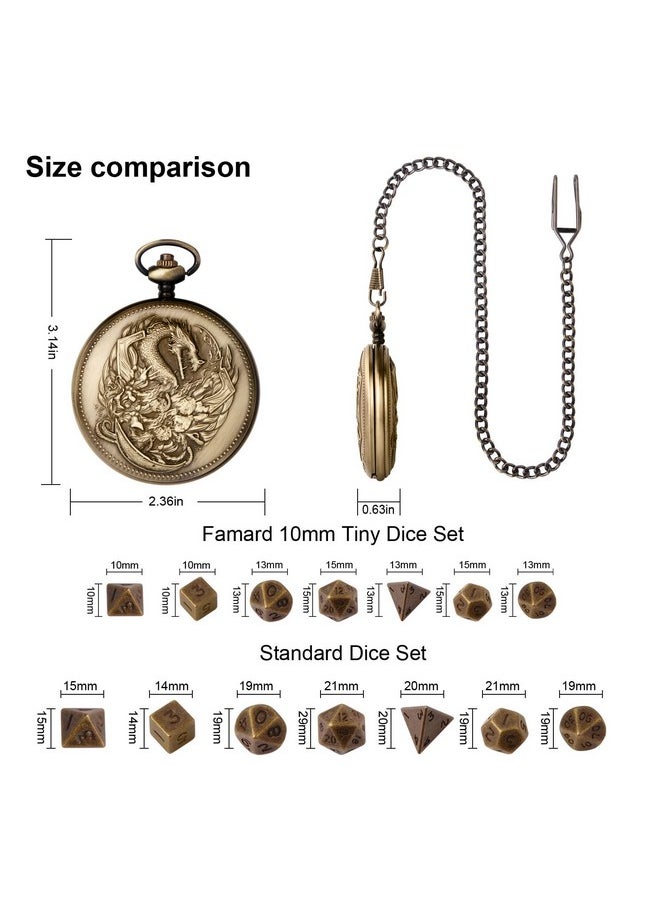 10Mm Tiny Dnd Dice Set With Vintage Pocket Watch Shell Case, Polyhedral Metal D&D Dice Set For Dungeons And Dragons, Rpg Mtg Game,Role Playing Board Games