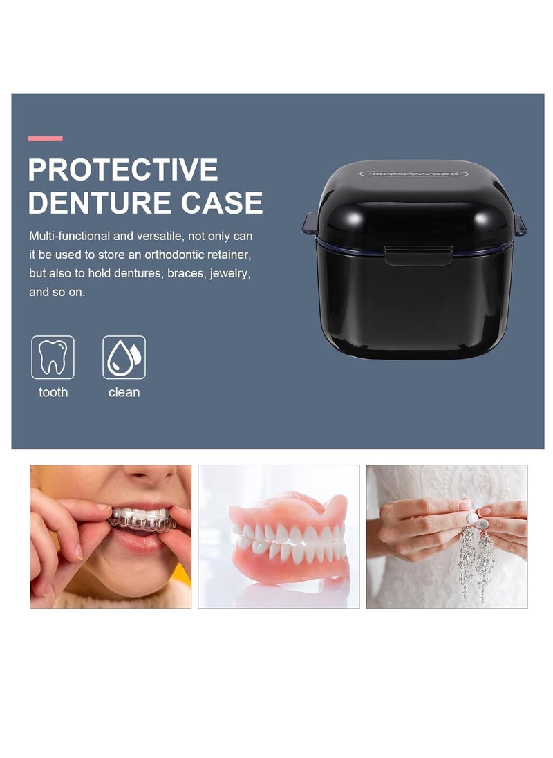 WESTWOOD Denture Bath Case Cup Box Portable False Teeth Holder Storage Soak Container Orthodontic Retainer Case with Strainer Basket for Travel Cleaning Black