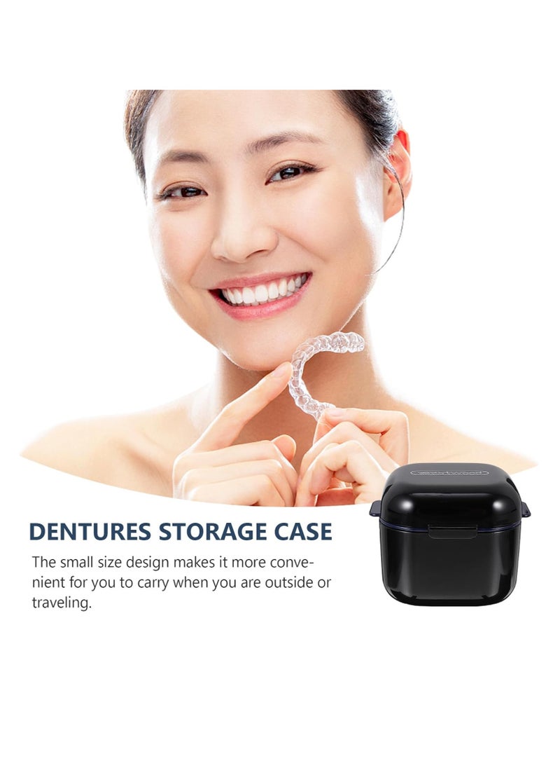 WESTWOOD Denture Bath Case Cup Box Portable False Teeth Holder Storage Soak Container Orthodontic Retainer Case with Strainer Basket for Travel Cleaning Black