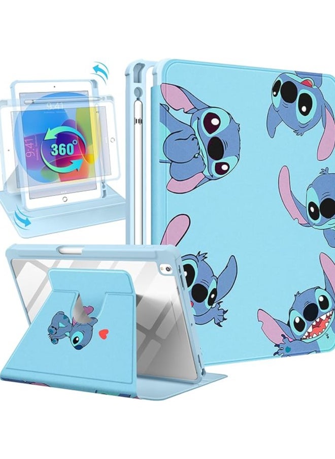 iPad 9th/8th/7th Generation 10.2 inch Case Cute Cartoon Kawaii for Girls Kids Boys Girly Women Design Covers,360 Degree Rotating Folio Stand Pencil Holder for Apple i Pad 9/8/7 Gen,Blue Sti