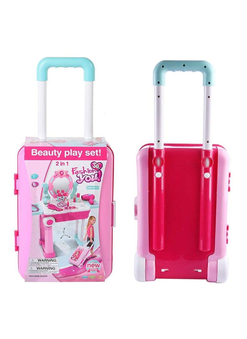 Trolley Case Beauty Set for Girls, Makeup Tool Sets Pretend Play Workbench Playset Educational Toy for Kids