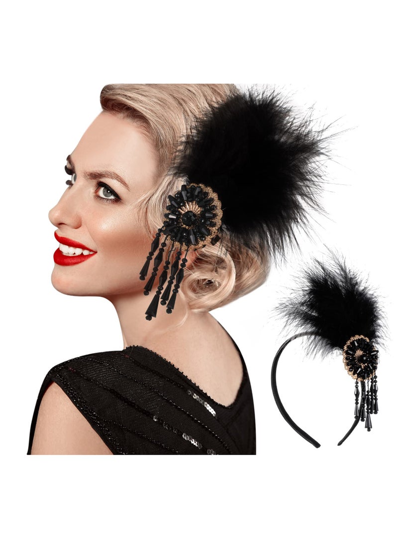 Feather Headband Flapper Headpiece 1920s Accessories for Women Vintage Headband with Crystal Accessories for Art Decor Pageant Themed Party