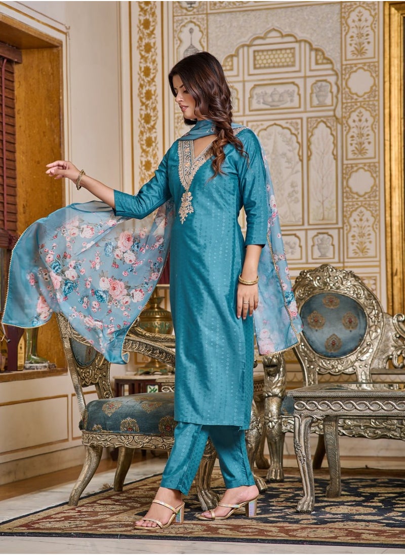 Women Chanderi Designer Kurta with Pant and heavy embroidery Dupatta Set