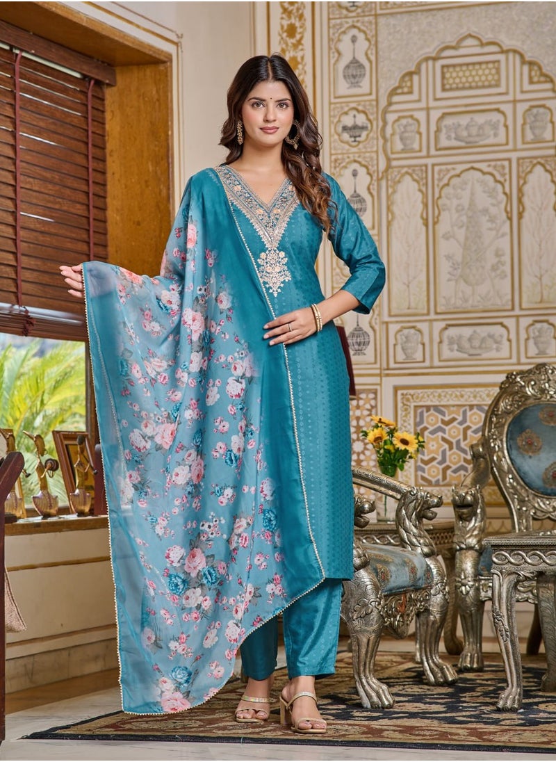 Women Chanderi Designer Kurta with Pant and heavy embroidery Dupatta Set