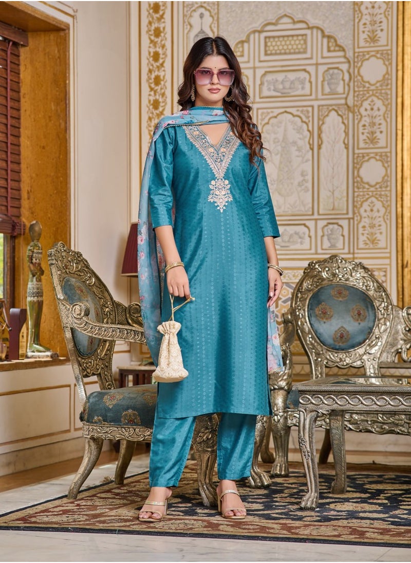 Women Chanderi Designer Kurta with Pant and heavy embroidery Dupatta Set