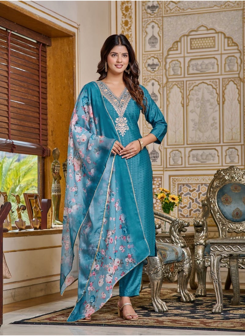 Women Chanderi Designer Kurta with Pant and heavy embroidery Dupatta Set