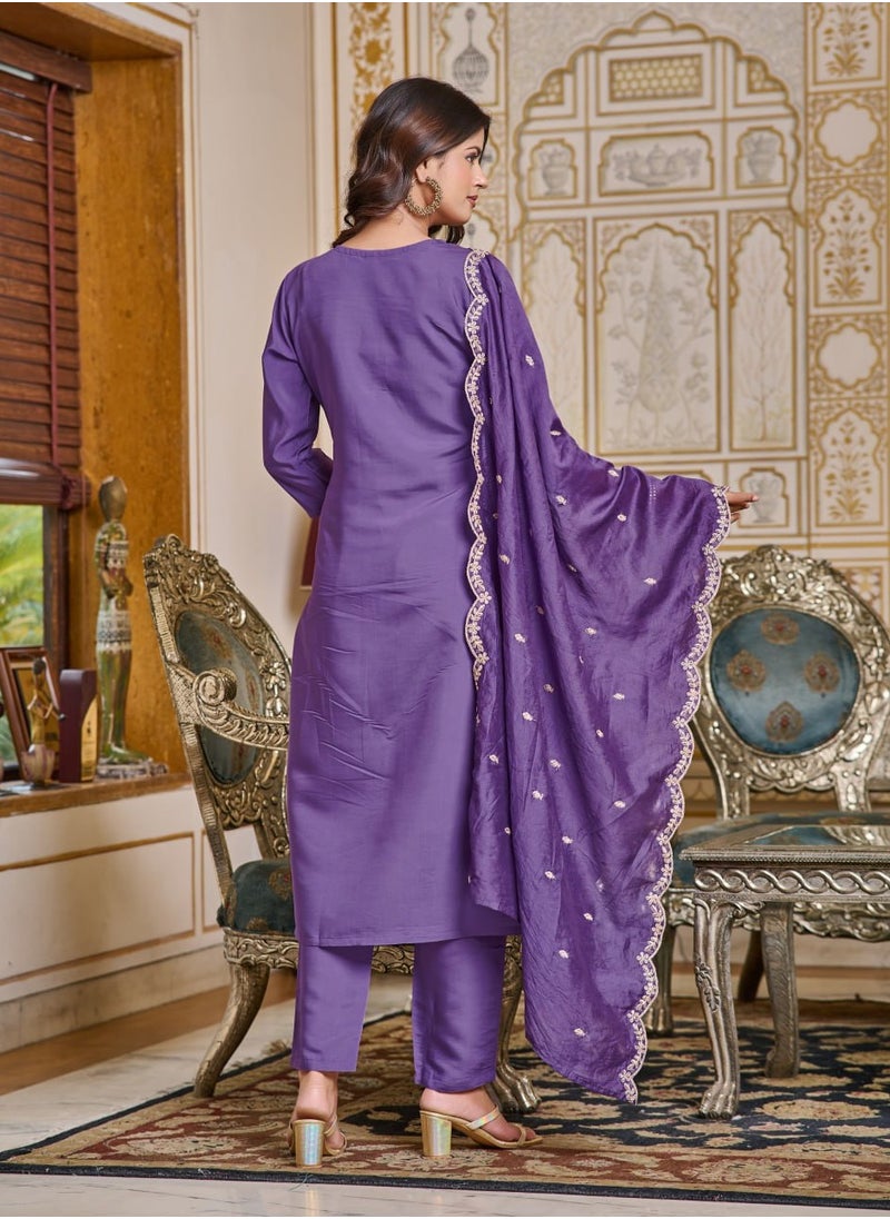 Women's embroidered Purple Kurti with pant and dupatta Set