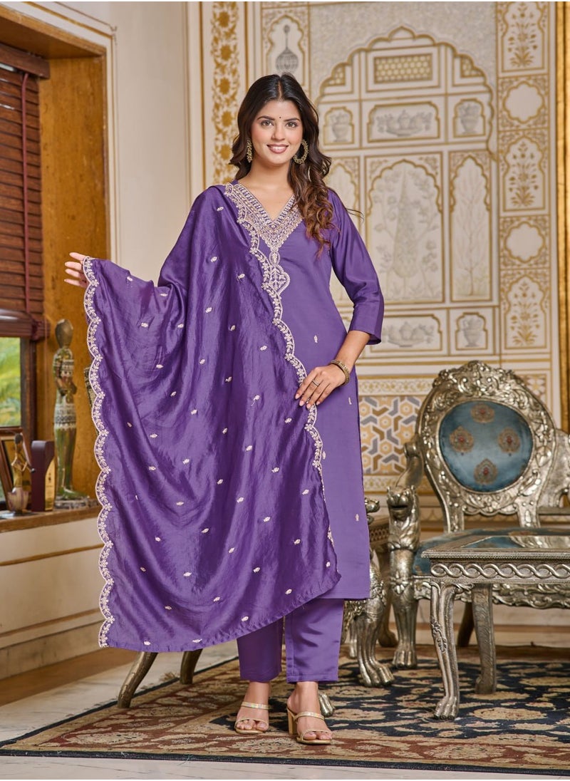 Women's embroidered Purple Kurti with pant and dupatta Set