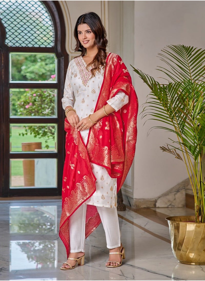 Women's embroidered White & Pink Kurti with pant and dupatta Set