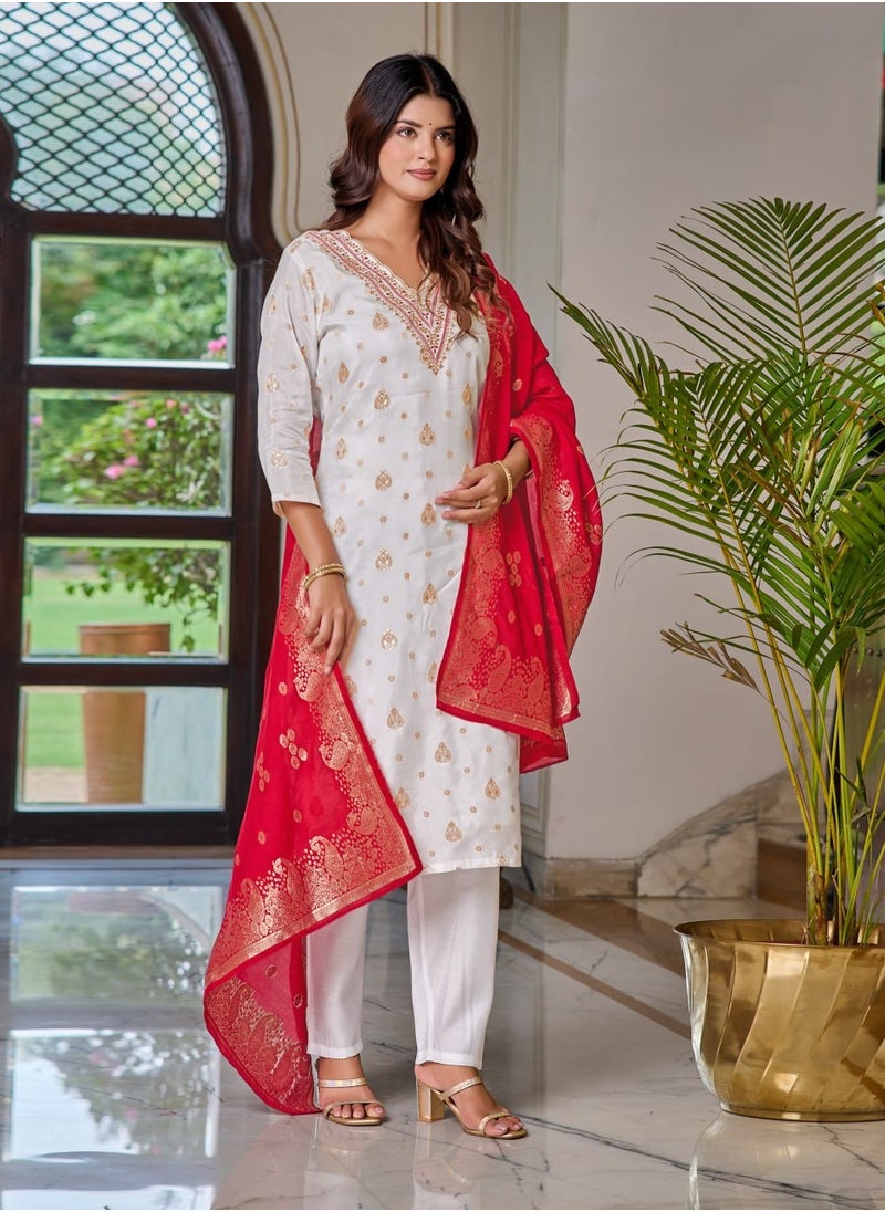 Women's embroidered White & Pink Kurti with pant and dupatta Set