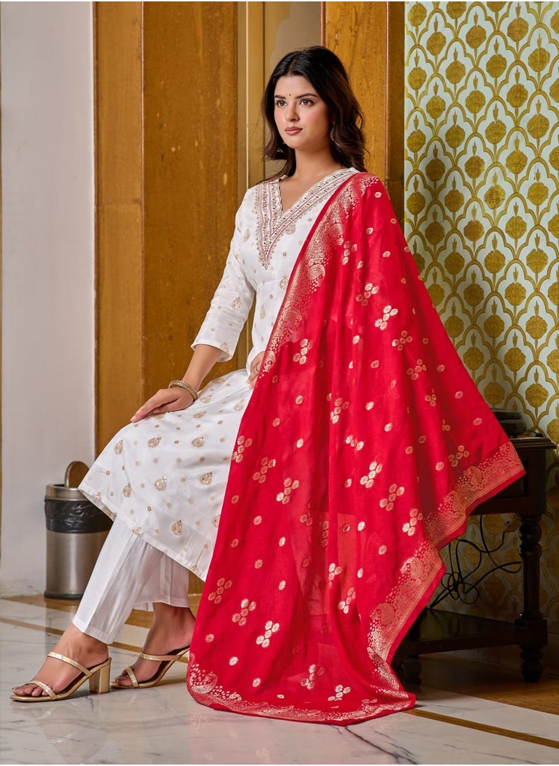 Women's embroidered White & Pink Kurti with pant and dupatta Set