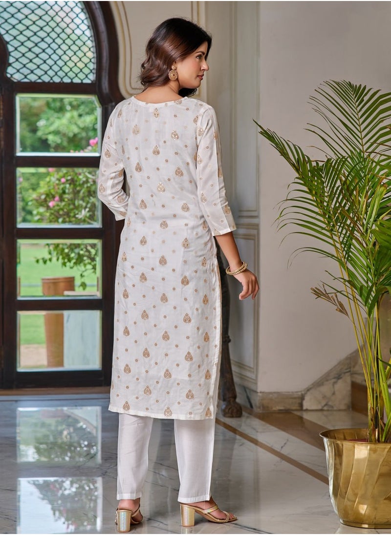 Women's embroidered White & Pink Kurti with pant and dupatta Set