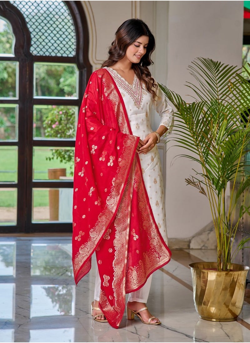 Women's embroidered White & Pink Kurti with pant and dupatta Set