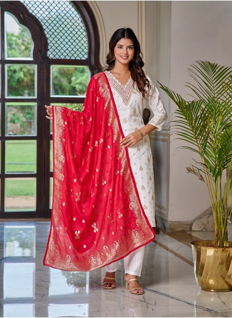 Women's embroidered White & Pink Kurti with pant and dupatta Set