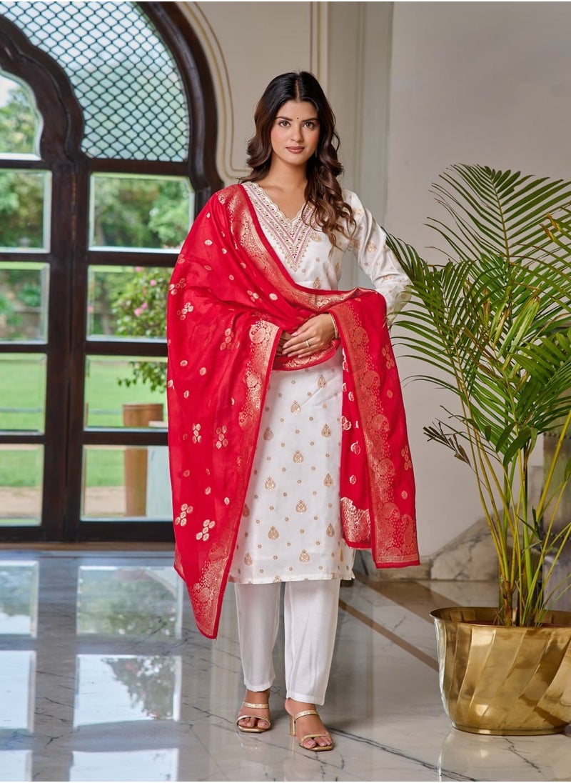 Women's embroidered White & Pink Kurti with pant and dupatta Set