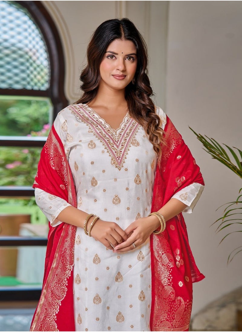 Women's embroidered White & Pink Kurti with pant and dupatta Set