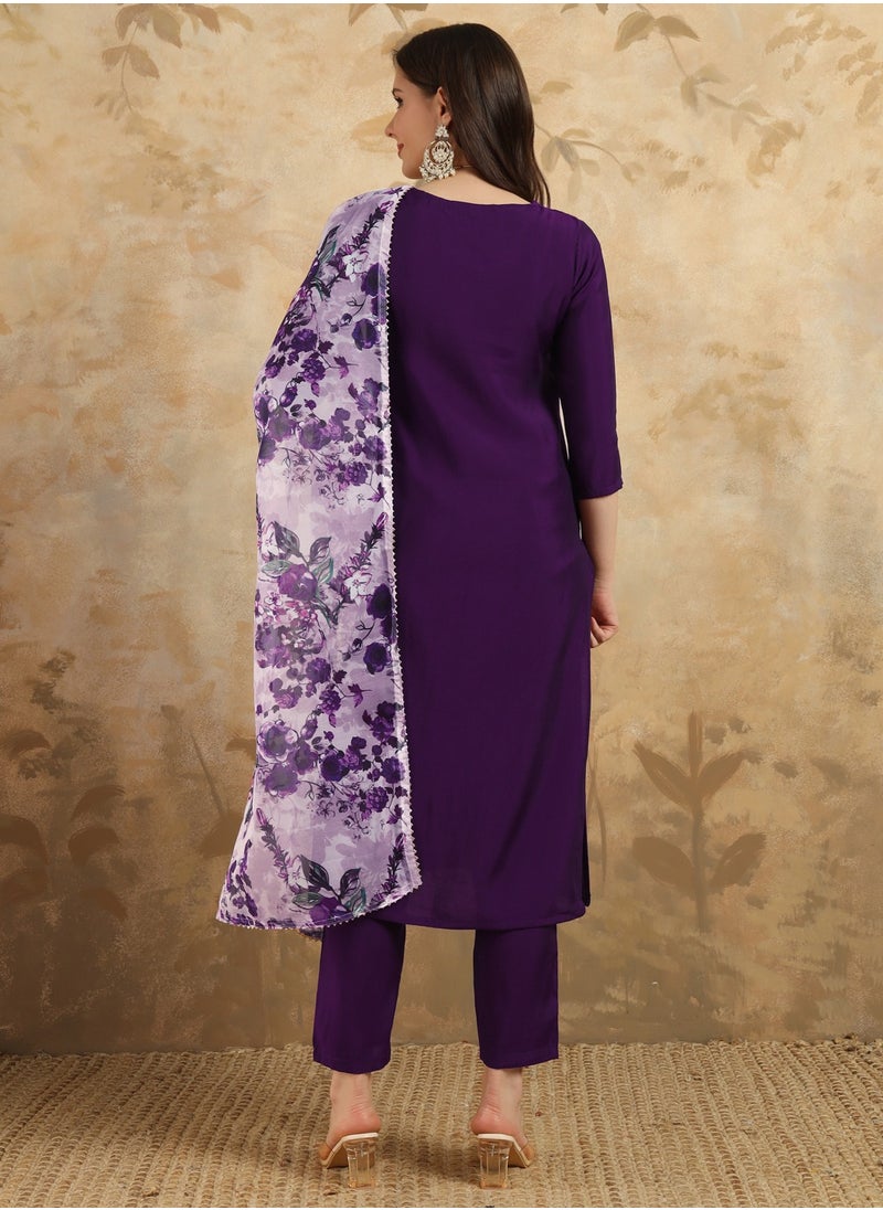 Women's embroidered Purple Kurti with pant and dupatta set pis