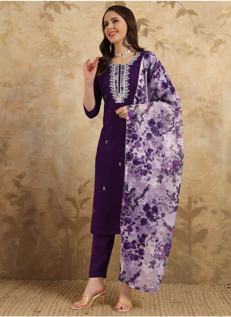 Women's embroidered Purple Kurti with pant and dupatta set pis