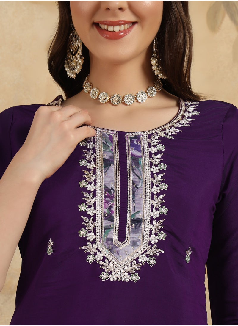 Women's embroidered Purple Kurti with pant and dupatta set pis