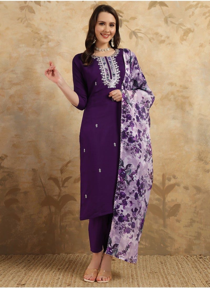 Women's embroidered Purple Kurti with pant and dupatta set pis