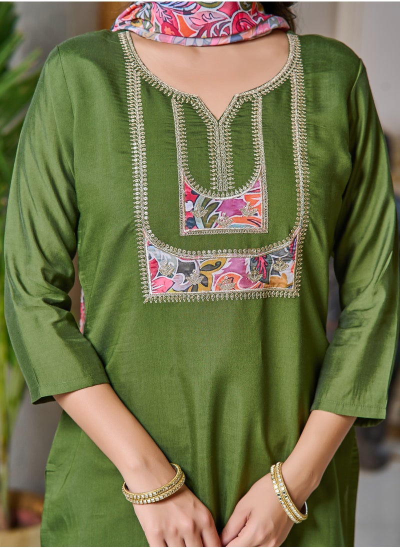Women's embroidered Light Green Kurti with pant and dupatta set pis