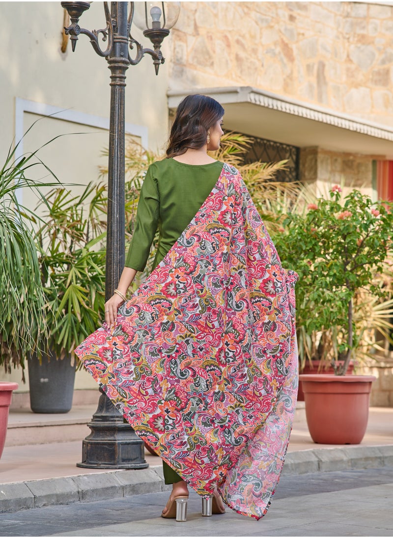 Women's embroidered Light Green Kurti with pant and dupatta set pis