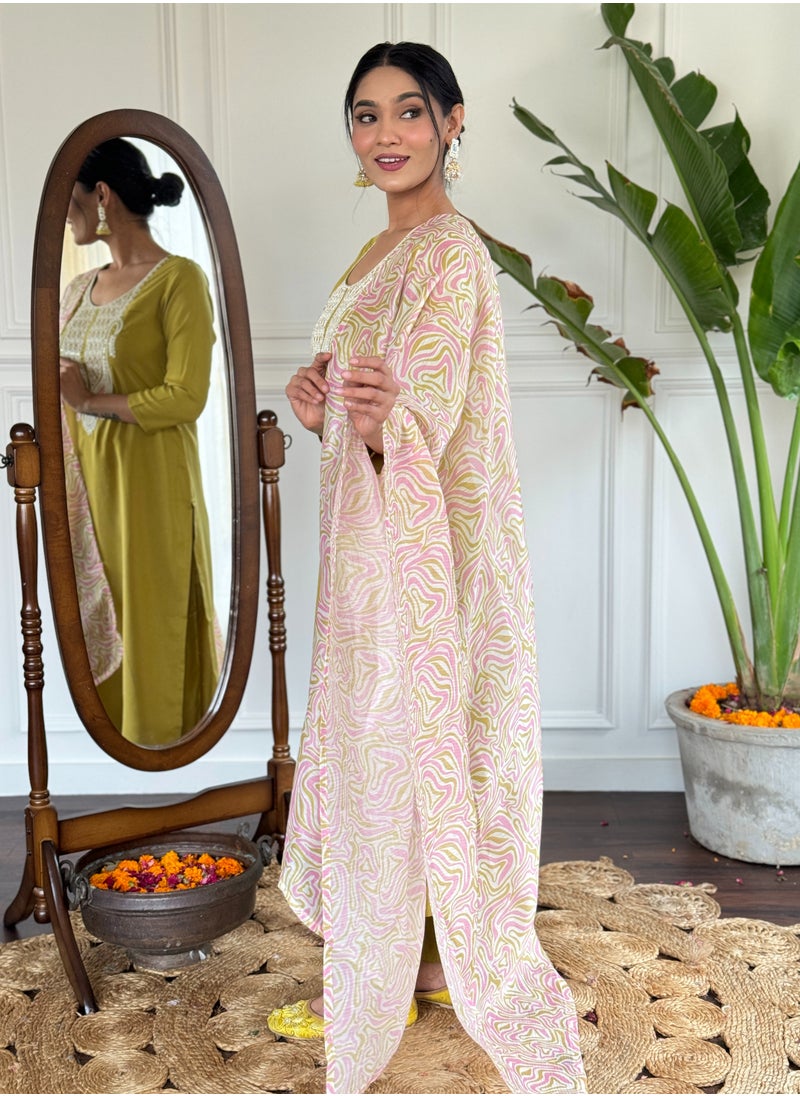 Women's magic embroidered straight Kurta with  magic pant and dupatta sets