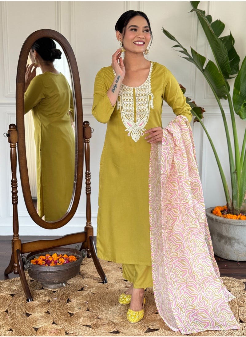 Women's magic embroidered straight Kurta with  magic pant and dupatta sets