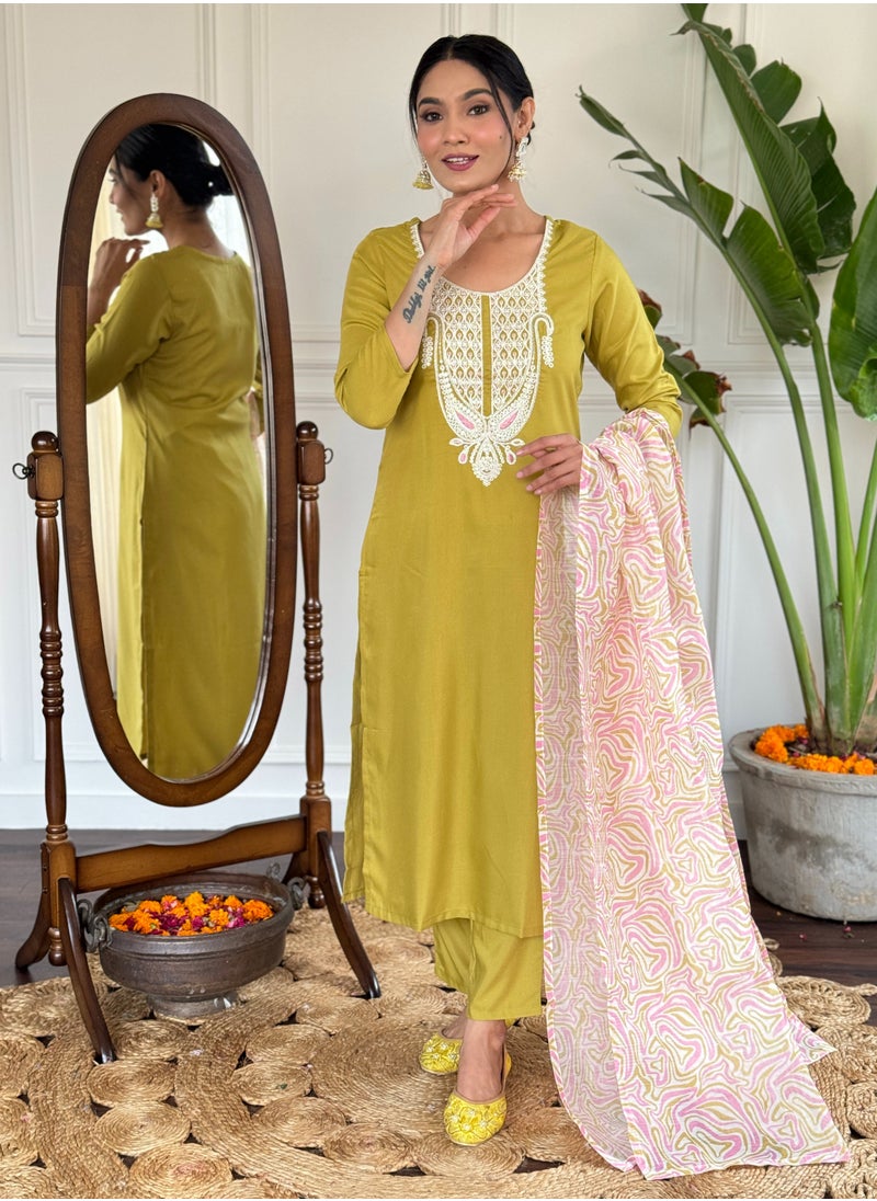 Women's magic embroidered straight Kurta with  magic pant and dupatta sets