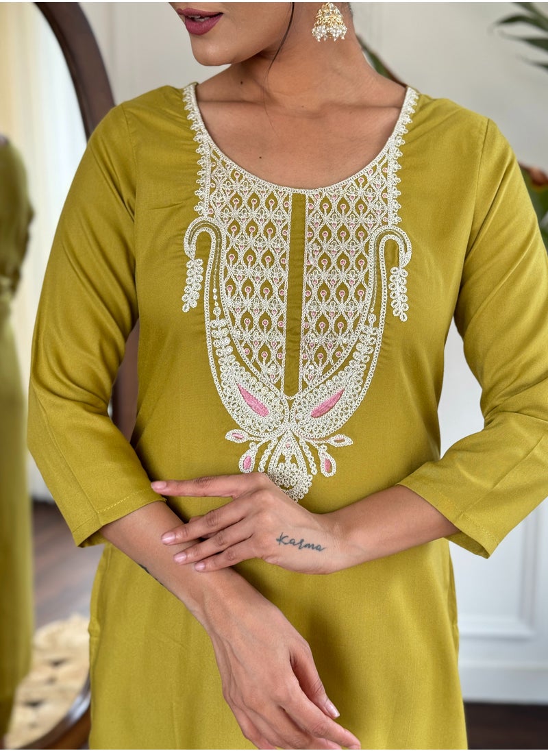 Women's magic embroidered straight Kurta with  magic pant and dupatta sets