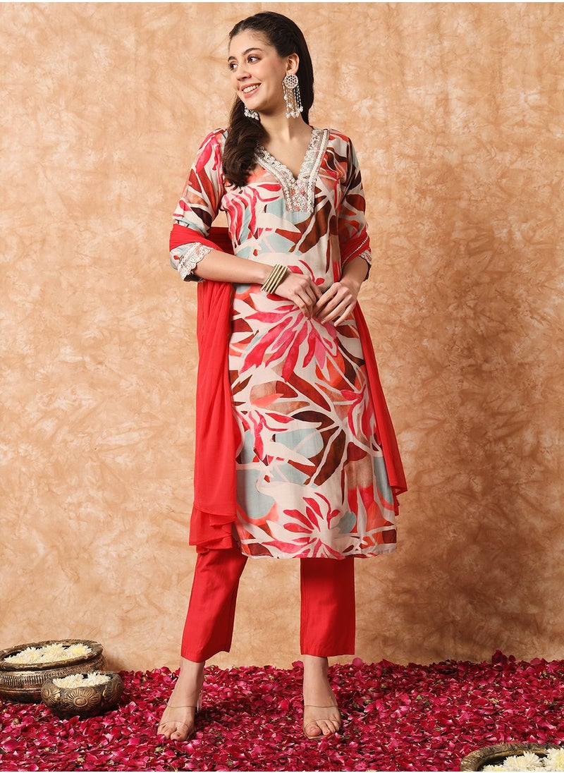 Women's Rayon printed & embroidery straight kurta with pant and dupatta sets