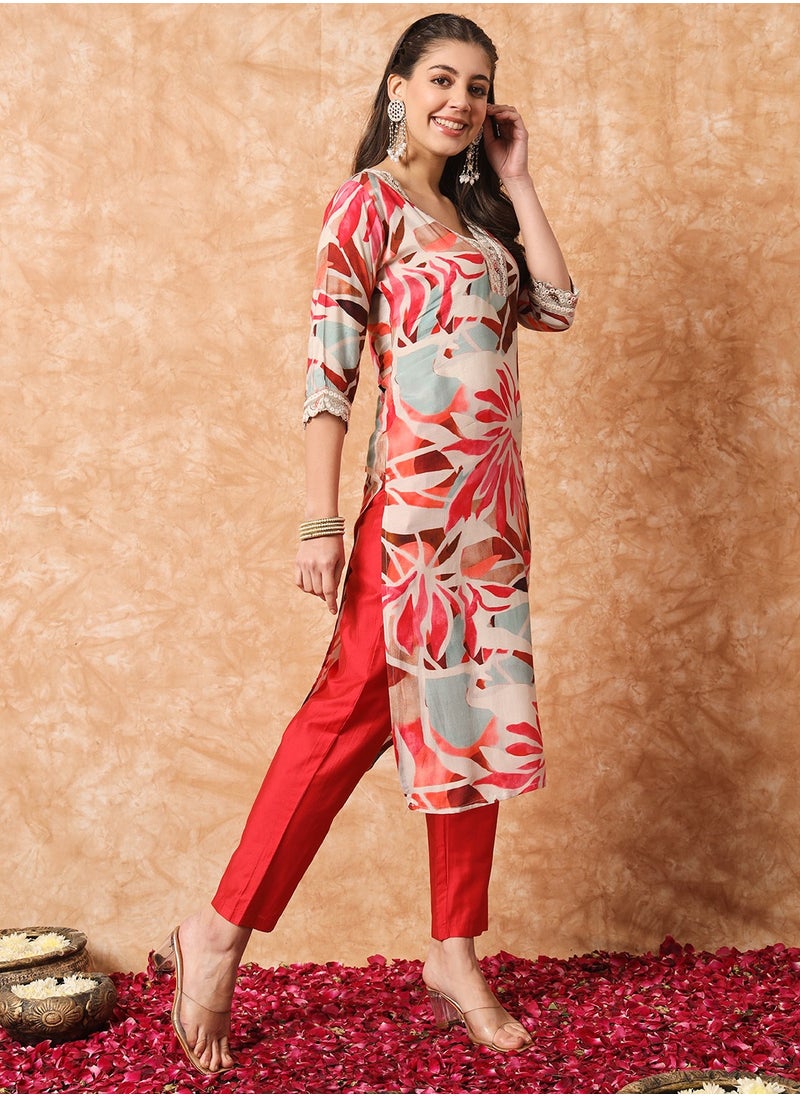 Women's Rayon printed & embroidery straight kurta with pant and dupatta sets