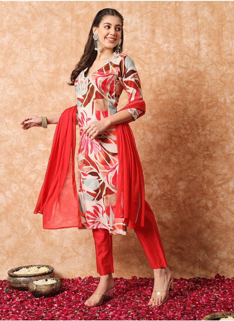 Women's Rayon printed & embroidery straight kurta with pant and dupatta sets