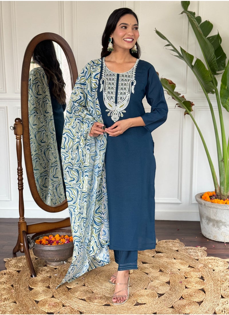 Women's embroidered straight Kurta with  magic pant and dupatta sets