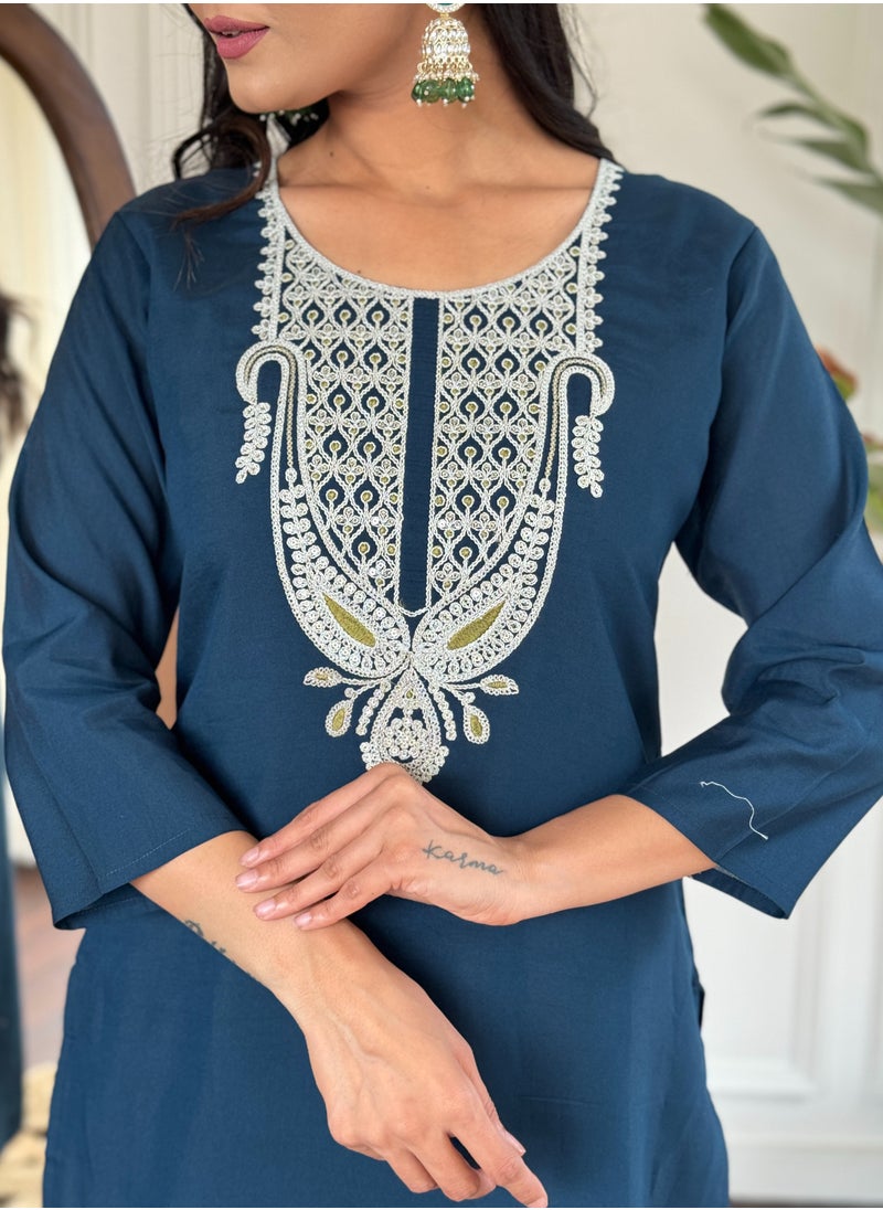 Women's embroidered straight Kurta with  magic pant and dupatta sets