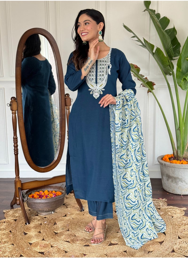 Women's embroidered straight Kurta with  magic pant and dupatta sets