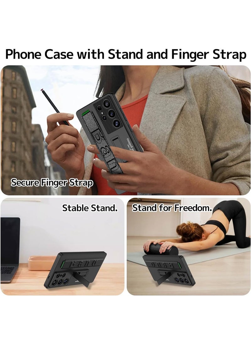 Strap Case Compatible Samsung S25 Ultra Phone Case with Stand & Wristband,Protective Cover for Galaxy S25 Ultra Thin Case,Heavy Duty Phone Case for S25 Ultra 5G Case (Cool Black) (Not include Pen)
