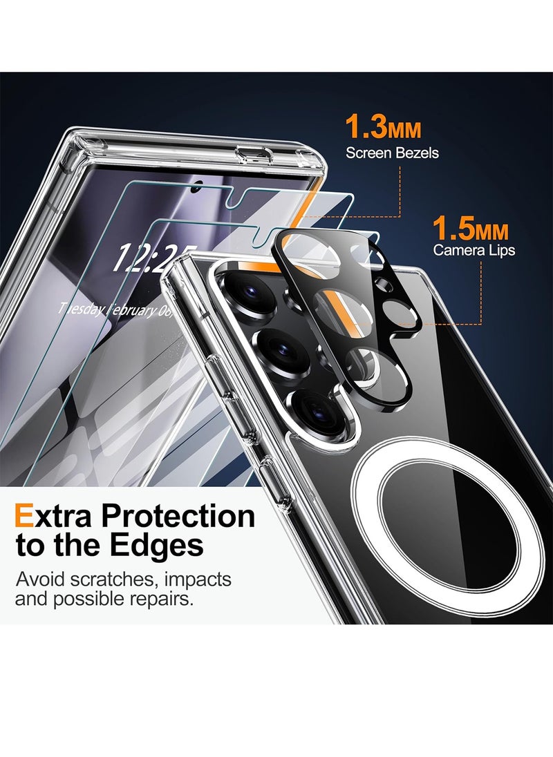 [5 in 1] for Samsung Galaxy S25 Ultra Case Clear, [Anti-Yellowing]  [with 2X Tempered Glass Screen Protector+ 2X Camera Lens Protector], Magnetic Phone Case for S25 Ultra (Clear)