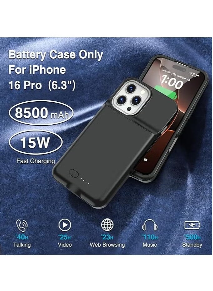 Battery Case for iPhone 16 Pro, 15W Fast Charging Case Charger 8500mAh Ultra-Slim Lightweight Powerful Battery Pack Rechargeable Anti-Fall TPU Juice Box for iPhone 16 Pro Charging Case (6.3