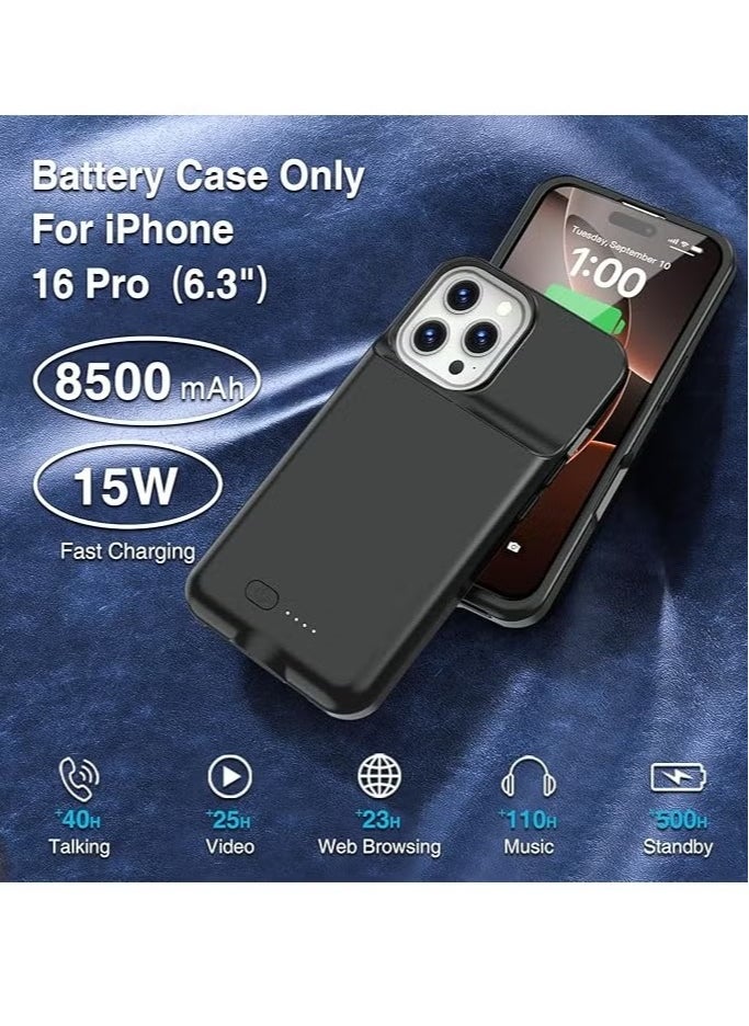 Battery Case for iPhone 16 Pro, 15W Fast Charging Case Charger 8500mAh Ultra-Slim Lightweight Powerful Battery Pack Rechargeable Anti-Fall TPU Juice Box for iPhone 16 Pro Charging Case (6.3
