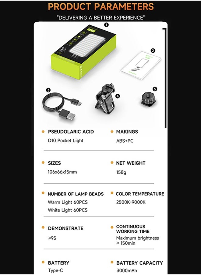 Portable RGB Selfie Light with Clip, 180° Adjustable Pocket Fill Light with 0-360° Full Color, CRI 95+, 2500-9000K Adjustable Brightness, 3000mAh Battery and 10 Dynamic Effects. Ideal for Phones, Tablets, Laptops and Cameras